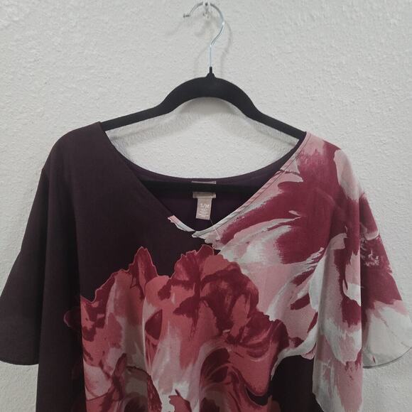 Chico’s S/M Sheer Floral Blouse Burgundy Pink Oversized Poncho Top Flowy - Picture 7 of 11